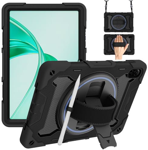 Junfire Coque Antichoc pour Honor Pad X8a 11 Pouces 2024, étui de Protection Robuste Armure avec Support Rotative à 360°, Dragonne et Bandoulière pour Honor Pad X8a - Noir