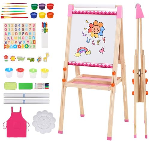Chevalet pour Enfants Avec Rouleau de Papier à Dessin,Tableau Noir Double Face Pliable,Tableau Blanc Magnétique et Support pour Papier à Peindre,Cadeau pour Tout-Petits Garçons et Filles