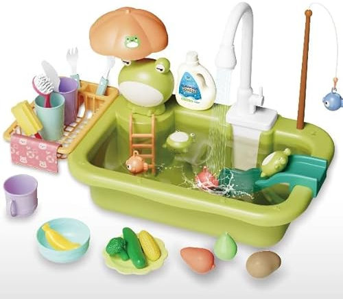 KIMIGO Lavello giocattolo con acqua di rubinetto,Gioco di Pesca e Accessori da Cucina,Set di giocattoli da cucina con rubinetto funzionante,Giocattoli di Ruolo per ragazzi ragazze 3 4 5 6