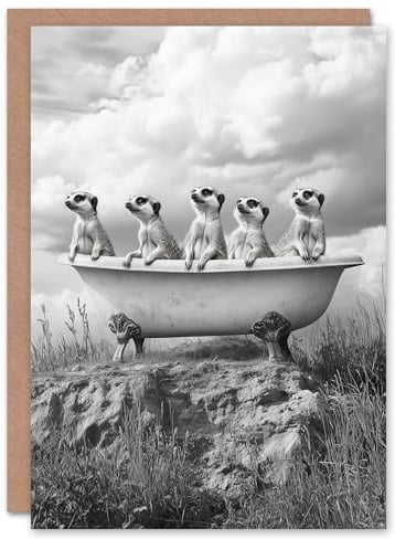 Artery8 Greeting Card Meerkats in a Bathtub in Desert Black White Photo Blank For Him Or Her Art Birthday Card