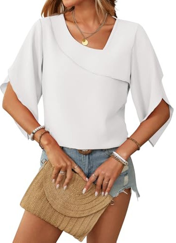 LEKOPUR Weiße Bluse Damen Chiffon 3/4 Arm - Elegant V-Ausschnitt Festliche Oberteil für Party Outfit Tunika Damenblusen