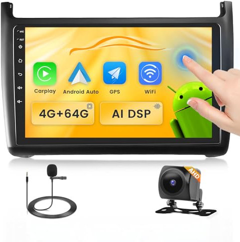 Fuluku 4+64G Android Radio para VW Polo 6R 6C 9N 2008-2016 con Carplay Inalámbrico Android Auto, 9'' IPS Pantalla táctil Radio Coche con WiFi/Bluetooth 5.0/GPS/Cámara de Marcha Atrás/FM/SWC