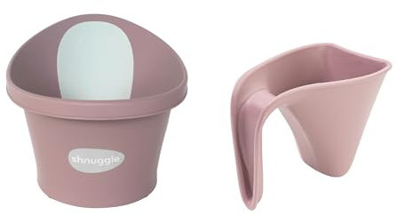 Shnuggle Newborn Baby Bath and Washy Rinsing Jug Bundle | The Perfect Baby Bath Partnership | Newborn Support and Rinse jug | Blossom Pink