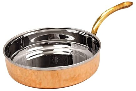 Steel Copper Fry Serving Pan – 400 ML Hammered Design Indian Serveware & Tableware – Traditional Copper-Plated Stainless Steel Fry Pan for Curry, Snacks & Sizzlers