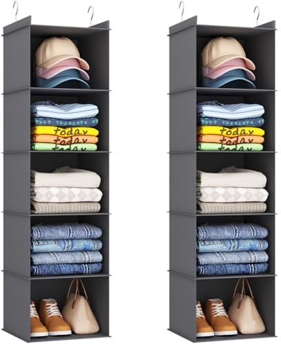 Lifewit 2 Pack Hanging Storage with Metal Hooks, 5 Shelves Foldable Wardrobe Closet Storage Organiser, Fabric Hanging Shelves Organiser for Clothes, Towels, Shoes, Toys