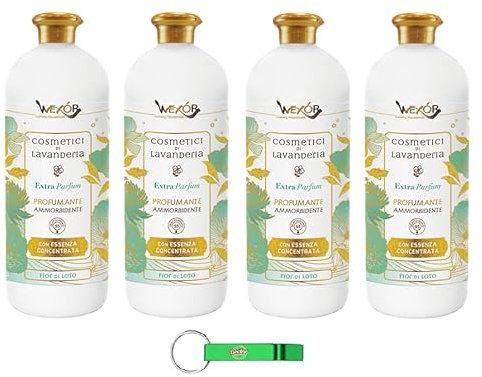 WEXOR - 4 ammorbidenti per fiori di loto Ammorbidente extra profumato con essenza concentrata, profumo con note floreali, 55 lavaggi 1 litro + portachiavi Beni Culinari