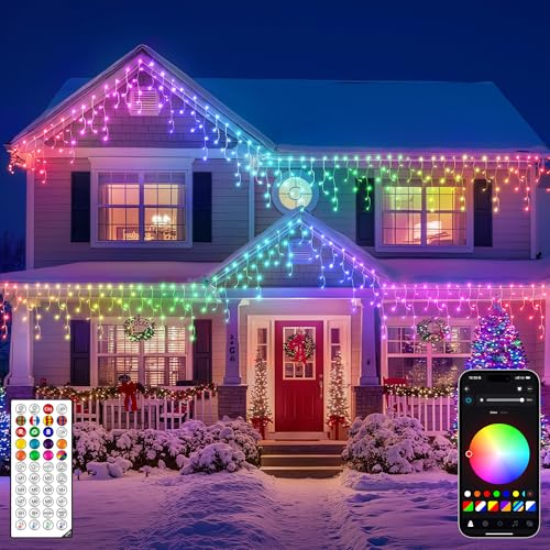 Ollny Smart RGB Icicle Outdoor Christmas Lights 10m, 286 LED Fairy String Light Mains Powered with Plug, Waterproof, Scene Modes, App Control, Music Sync, for House Roof Porch Gutter Xmas Decorations