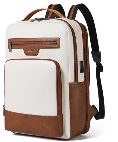 Shrrie Leder Laptop Rucksack für Frauen und Männer, 16 Zoll Computer Rucksack, 28 L erweiterbarer Reise Rucksack für die Arbeit Business