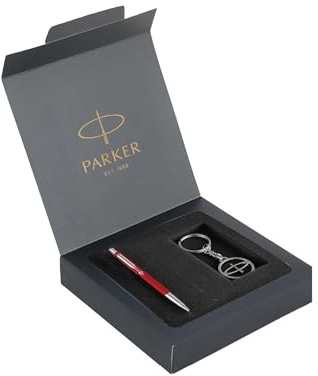 Parker Vector Standard-Kugelschreiber mit Chromverzierung und silberfarbenem Schlüsselanhänger, roter Körper, blaue Tinte, feine Spitze, Geschenkset für Profis, Führungskräfte und Studenten