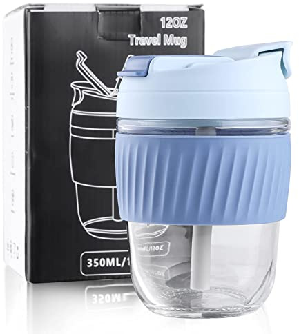 Sivaphe Glass Cup Reusable Travel Mug Tumbler with Straw Lid for Tea, Coffee Home Office 350ML/12OZ Blue Silicone Sleeve