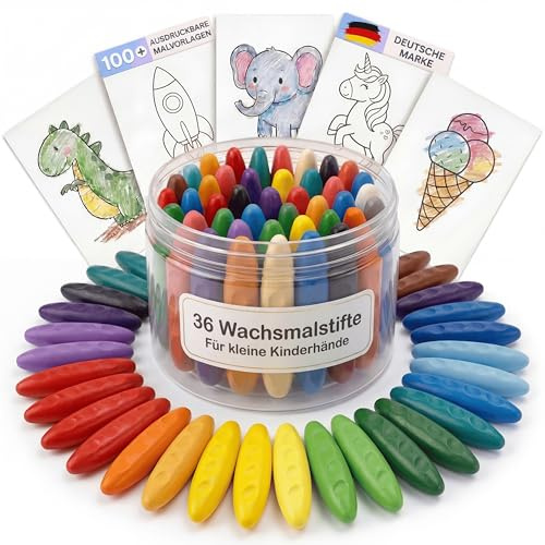 Valy&Oli® 36 Wachsmalstifte ab 1 Jahr | Sauber, Bruchfest & Ergonomisch | Inkl. Malvorlagen E-Book | Fördert Kreativität & Motorik | Sicher für Kleinkinder | Zuhause, Kita, Unterwegs | 36 Farben