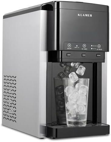 KLAMER 3-in-1 Ice Maker mit Crushed Ice, Wasserspender und Selbstreinigung | Gekühltes Wasser mit 4 bis 8 Grad auf Knopfdruck. Eis-voll-Anzeige und Wassermangelanzeige, Befüllung auch per Wasserleitung