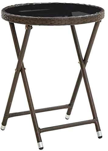 SooIarix Mesa auxiliar marrón de 60 cm de polirratán resistente a la intemperie, mesa de jardín para terraza, balcón, con estructura de acero plegable y cristal templado, pequeña mesa para exteriores