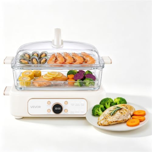 VEVOR Vaporiera Elettrica 6 Litri in Vetro 1200W Verdure Pesce Riso Carne, Cottura a Vapore per Alimenti, Frutti di Mare, Vaporiera con Programmi Preimpostati, 2 Vassoi Acciaio Inox, Colore Bianco