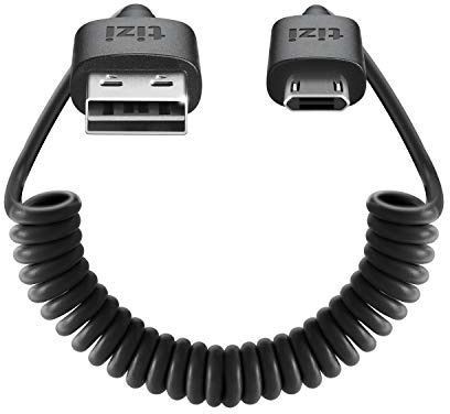 tizi Spiralkabel – Micro-USB (1,4m, schwarz), flexibles Daten- und Ladekabel, 30cm ungestreckt, mit doppelseitigen, reversiblen Steckern. Micro-USB- und USB-A-Stecker beidseitig steckbar.