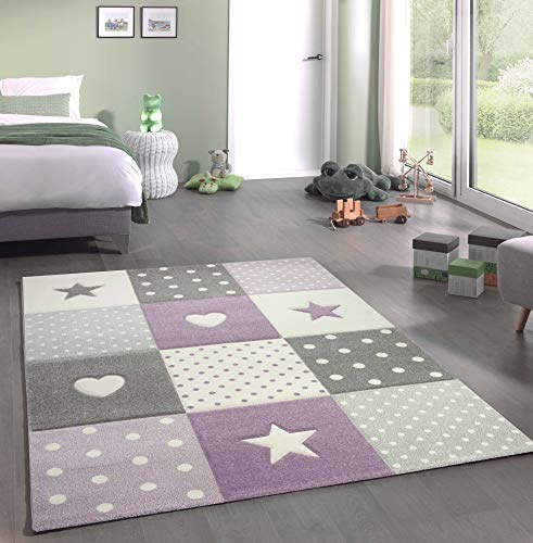 Teppich-Traum Kinderzimmer Teppich Spiel & Baby Teppich Herz Stern Punkte Design in Lila Grau Creme Größe 140x200 cm