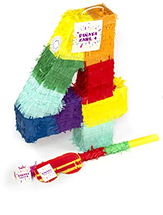 Trendario Zahl 4 Pinata Set, Pinjatta + Stab + Augenmaske, Ideal zum Befüllen mit Süßigkeiten und Geschenken - Piñata für Kindergeburtstag Spiel, Geschenkidee, Party, Hochzeit