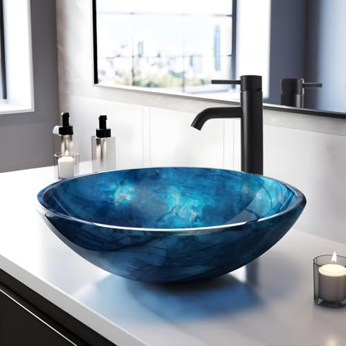 YIMAI Ingenuity Vessel Sink 16.5 Bathroom Sinks Tempered Glass Blue Art Basin Round Bowl with Faucet Combo Blue(20205)