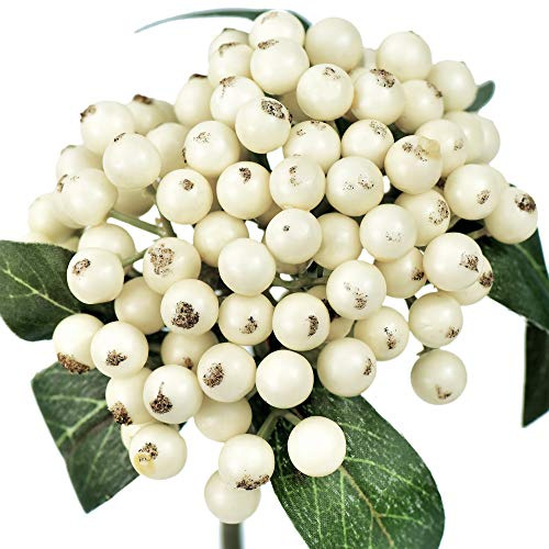 FiveSeasonStuff Real Touch Artificial Holly Berries Flower Arrangements, Christmas Wreath Decorations 2 Stems (Cream White)