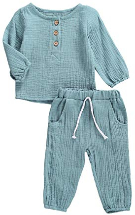 Geagodelia Babykleidung Set Baby Jungen Mädchen Kleidung Outfit T-Shirt Top + Hose Shorts Neugeborene Weiche Einfarbige Babyset T-47740 (Türkis - Langarm, 12-18 Monate)