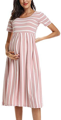 Love2Mi Robe de maternité décontractée à manches courtes pour femme - Robe mi-longue trapèze, Rayures blanches rose foncé, L