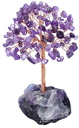GEHECRST Feng Shui Geldbaum Edelstein Baum Dekoration mit Fluorit Basis Wire Wrap Trommelsteine Lebensbaum Glückbaum Deko Wohnzimmer Tisch Büro (Amethyst)
