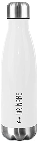 Trinkflasche Edelstahl selbst gestalten mit Name & Anker Symbol - Thermosflasche, Wasserflasche BPA-frei, Camping, Schule, Sport I Personalisiertes Geschenk für Familie und Freunde - Weiß, 500 ml