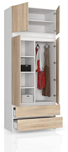 BDW Kleiderschrank mit 4 Türen, 4 Einlegeböden, Kleiderbügel, 2 Schubladen - Aufbewahrungsschrank - Moderner Schrank für das Schlafzimmer Wohnzimmer Diele - 234x90x51cm - Weiß/Eiche Sonoma