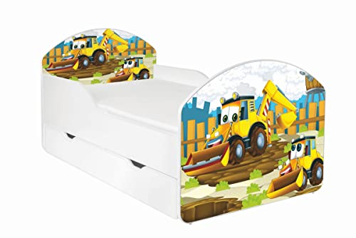 AS-TOR Kinderbett Jugendbett Maja 80x160 mit Matratze und Schublade - Bett Schlafzimmer Kindermöbel Kinderbetten für Mädchen Junge, Hochwertige Möbelplatte, Solide Sicher Bagger