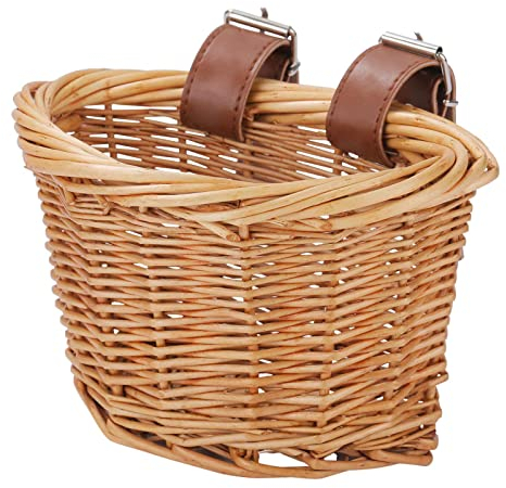 Gereton Rattan Fahrradkorb für Kinder, Vorne Lenkerkorb Für Kinderfahrrad, Handgewebter Rattan Weidenkorb Mit Lederriemen, für 12 Zoll Fahrrad,Kinderfahrradzubehör