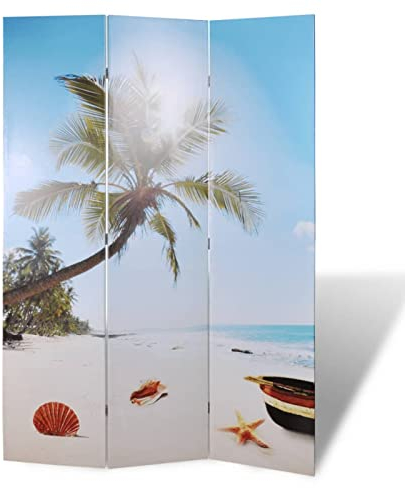 Gecheer Zusammenklappen Foto-Paravent Trennwand Raumteiler Wand Strand/Blumen doppelseitig Dekoration 120 x 170 cm (B x H) Mit Aufdruck Bedruckt,Faltbar Sichtschutz Stellwand,Massives Tannenholz