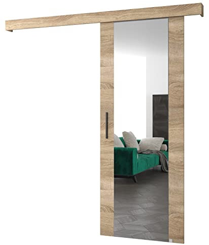 Ensemble Porte coulissante avec miroir + rail - Kit Porte Suspendue interieur et Quincaillerie Sliding Barn Door - 90x204cm - AGRA II (Sans Système Soft-Close, Sonoma, poignées en noir)