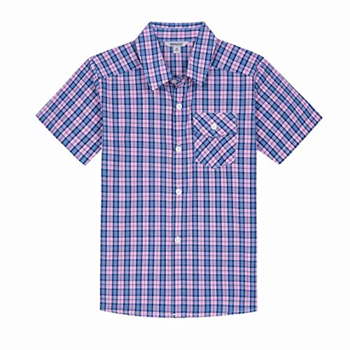 Bienzoe Garçon Coton Plaid Bouton Bas Manche Courte Chemise Rose/Marine 9/10