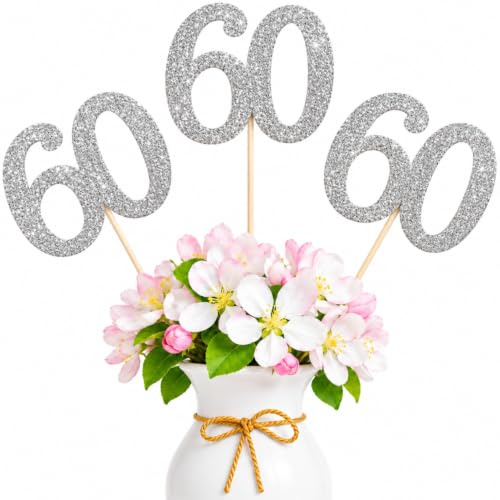10-Pack Double Sided Glitter 60th Birthday Centerpiece Anniversary Centerpiece Sticks, Number 60 Table Topper Cake Topper for 60th Birthday Anniversary Table Party Decorations (silver)