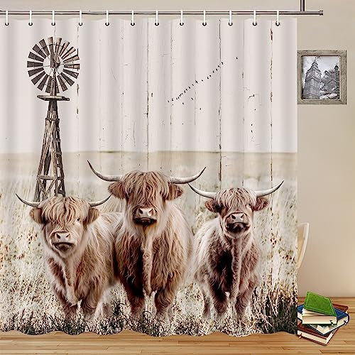 Hochland-Rinder-Duschvorhänge, rustikale Bauernhoflandschaft, drei Kühe, Windmühlen, Bauernhaus, Tier, Vintage, Holzplanken, Landhaus-Thema, Badezimmerdekoration, Vorhang 178x178 cm, mit Haken