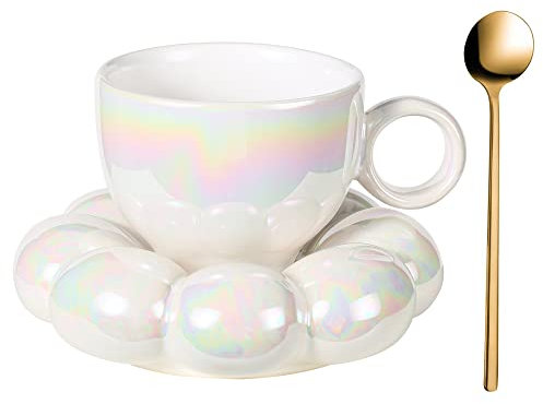 FXGOING Ensemble de tasses à café en céramique avec cuillère, tasse créative mignonne avec sous-verre nuage de tournesol pour le bureau, la maison, 184,3 g (blanc perle)