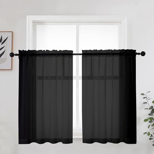 OWENIE Short Black Sheer Curtains 36 Inches 2 Panels Set - Kitchen Tiers Valances Curtains Light Filter Rod Pocket Voile Cafe Curtains for Kitchen Bathroom Small Half Window, 42 in W x 36 in L, Black