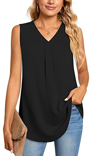 Aodemo Women's Vests Summer Ladies Pleated Tops Blouses Shirts Loose Sleeveless Tank Top Chiffon Vest for Work L, Black