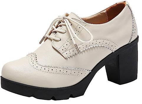 Jamron Mujer Tacón de Bloque con Cordones Brogues Derby Pumps Zapatos de Vestir Beige SN02955 EU35