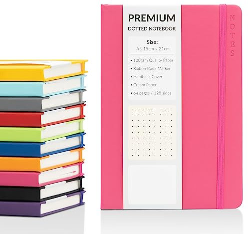 Bullet Journal A5 Dotted Notebook with Faux Leather Hardback Cover and Premium 120gsm Thick Dot Grid Paper (128 Cream Pages, Cerise)