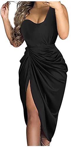 BAXLIMEK Cocktailkleider für Damen, 2023 Sommer, elegant, sexy, figurbetont, Hochzeitsgästekleid, trendiges Partykleid mit unregelmäßigem Saum, G-black, Mittel