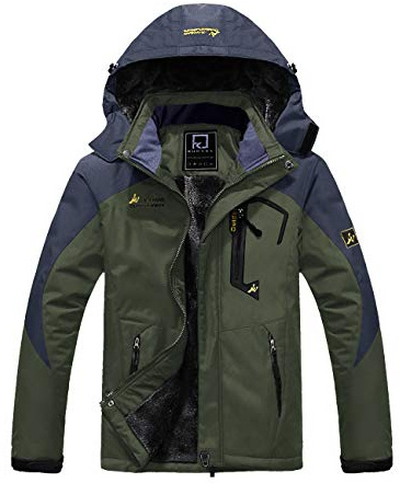 R RUNVEL Mens Waterproof Coats Winter Hiking Jacket Outdoor Warm Fleece Rain Jackets for Ski Walking Camping Working Mountaining Fishing Hunting Snow Green UK XXL Plus