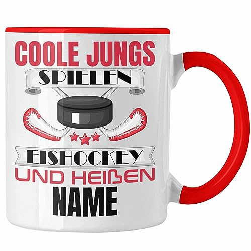 Trendation - Eishockey Tasse Geschenk Personlaisiert NAME Coole Jungs Spielen Eishockey und Heißen NAME (Rot)
