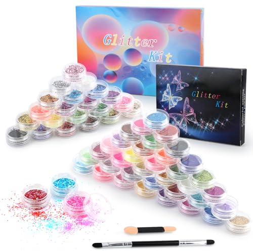 60 Farben Glitzerpulver and Pailletten Set, 24 Farben Pailletten Glitzer Basteln, 36 Farben Glitzer Pulver Mit 2 Doppelköpfige Bürste, Glitzer Gesicht Nail Glitter Für Masquerade, Nagelkunst, Karten