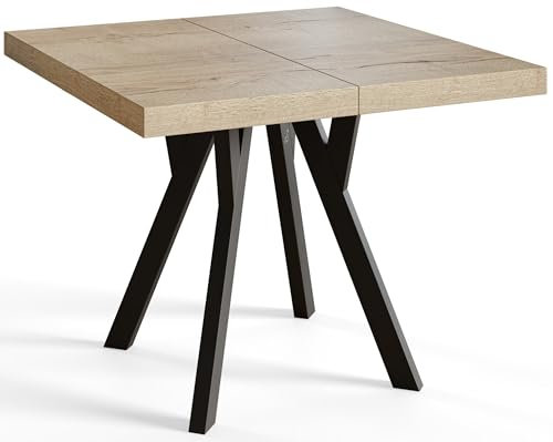 Quadratischer Esszimmertisch RICO, ausziehbarer Tisch, Größe: 100-200X100X77 cm, Wohnzimmertisch Farbe: Halifax, mit Holzbeinen in Farbe Schwarz