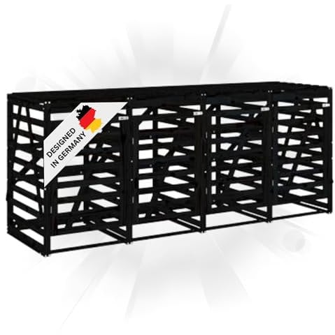 DELUKE 4er Mülltonnenbox Kiefernholz BOUMI | 318x91,5x128,5cm Schwarz | Mülltonnenverkleidung für 4 Tonnen Müllbox aus Holz Mülltonnenschutz Mülltonnendach