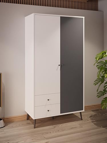 Forte Harllson, einfache Montage Dank EasyKlix Kleiderschrank Weiß mit Wolfram Grau, 2 Türen, 2 Schubladen, Einlegeböden und Kleiderstange, 105 cm breit x 202 cm hoch x 52 cm tief