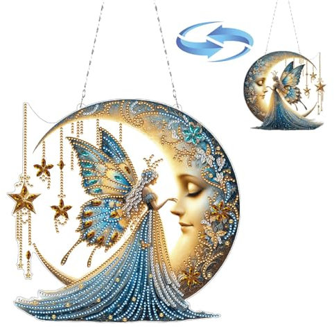 CXINLky DIY Diamond Art Painting Anhänger mit Kette, Moon Fee Diamant Painting Bilder, Fee Diamond Malerei Wandbehang Kits für Fenster Wand Eingang Garten Decor-04-Mondfee