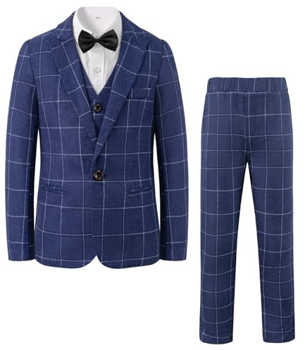 LOLANTA 5 Piece Boys Blue Suit Set, Page Boy Wedding Prom Suit, Kids Checked Blazer Suit Boys Formal Tuxedo Jacket Trousers Vest Shirt Bow Tie(Blue, 9-10 Years, 140)