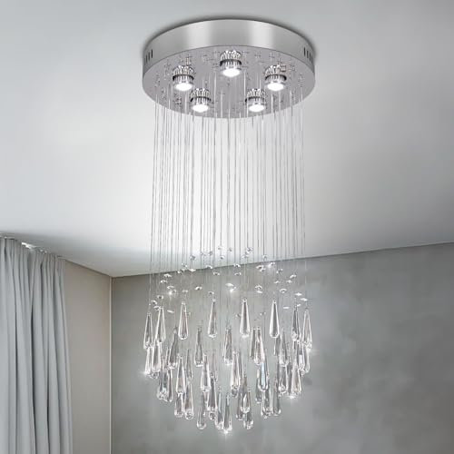FRIXCHUR Unterputz Kronleuchter, Moderne Regentropfen Kristall Pendelleuchte für hohe Decken, K9 Kristallkugel-Kronleuchter für Esszimmer, Schlafzimmer, Treppe, D15,7 H31,4